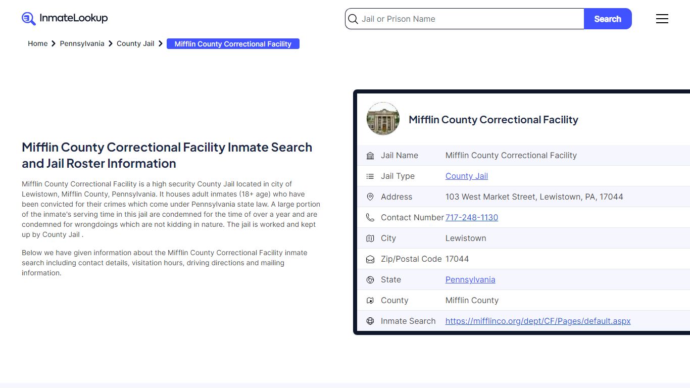 Mifflin County Correctional Facility Inmate Search, Jail Roster ...